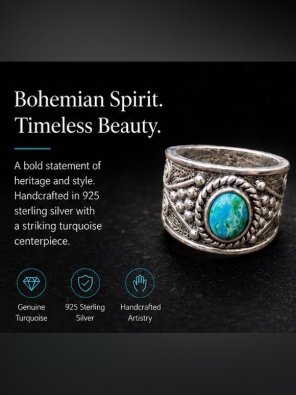 Turquoise, gemstone, silver tone wide ring size 7 NWT